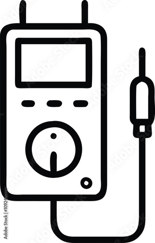 Minimalist Digital Multimeter Line Icon, Black-and-white line art of a digital multimeter with a probe, ideal for electronics, diagnostics, and electrical testing themes.  
