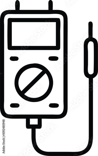 Minimalist Digital Multimeter Line Icon, Black-and-white line art of a digital multimeter with a probe, ideal for electronics, diagnostics, and electrical testing themes.  
