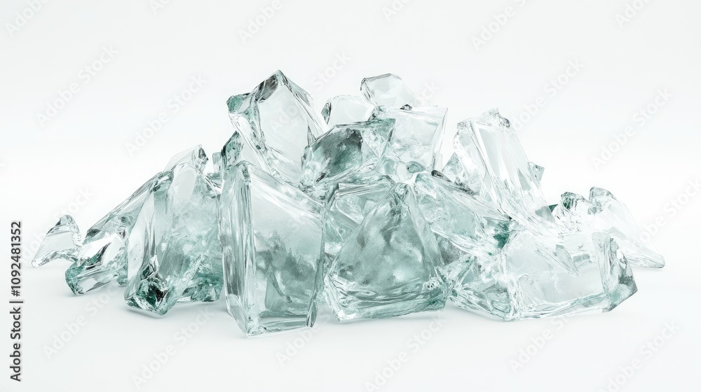 Abstract composition of broken glass pieces with sharp edges, reflecting light and creating interesting shadows on a clean white background for artistic or design purposes. Abstract composition of broken glass pieces with sharp edges, reflecting light and creating interesting shadows on a clean white background for artistic or design purposes.