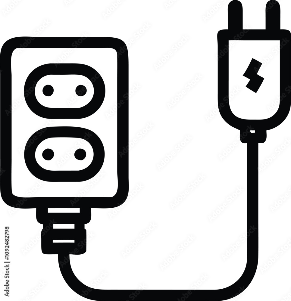 Minimalist Power Outlet and Plug Icon, Black-and-white line art of a power outlet and plug connected by a cord, ideal for energy, electronics, and utility-themed visuals.
Minimalist Power Outlet and Plug Icon, Black-and-white line art of a power outlet and plug connected by a cord, ideal for energy, electronics, and utility-themed visuals.
