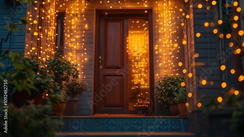 Festive Diwali Lights on House Entrance in Evening Glow photo