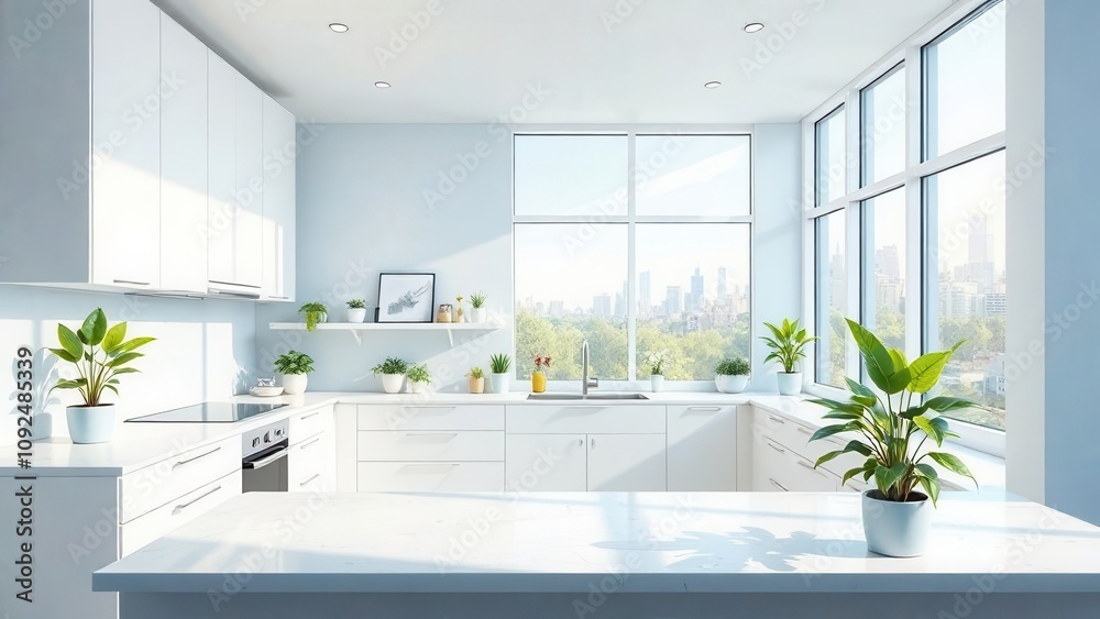 Fototapeta premium Spacious white kitchen with large windows and green plants