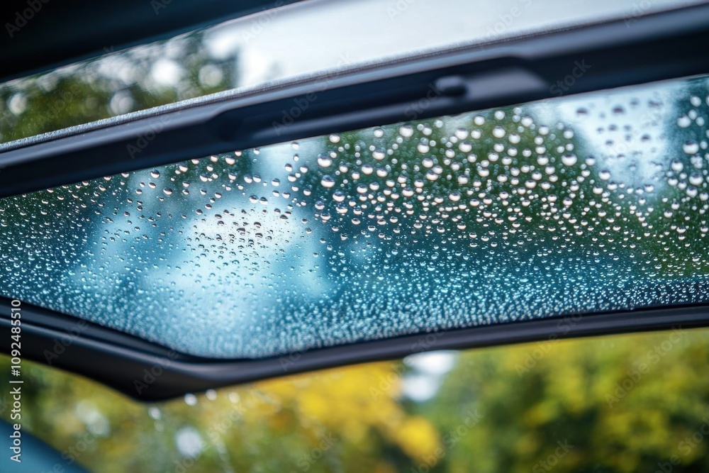 A close-up view of raindrops on a car's sunroof. A close-up view of raindrops on a car's sunroof.