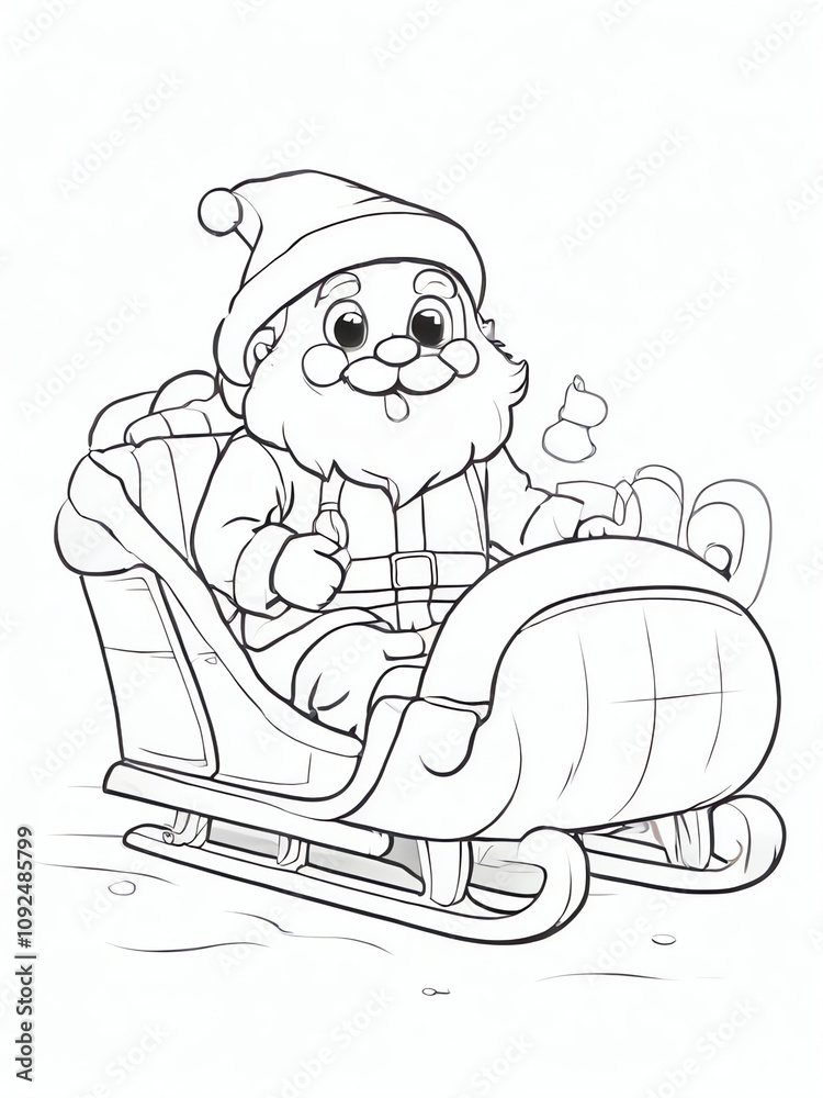 Kids coloring book page: Sled Santa Claus in black and white outline, cartoon style, clean line art, perfect for coloring on a white background.