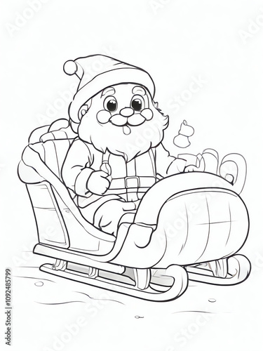 Kids coloring book page: Sled Santa Claus in black and white outline, cartoon style, clean line art, perfect for coloring on a white background.