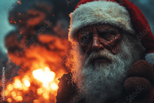 Generative AI image of horror-themed Santa Claus beyond burning fmale portraying a terrifying Christmas character photo