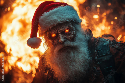 Generative AI image of horror-themed Santa Claus beyond burning fmale portraying a terrifying Christmas character photo