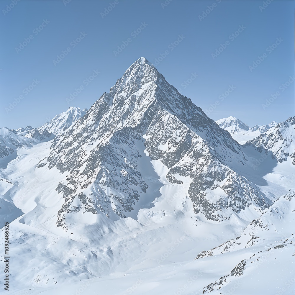 Obraz premium Majestic snow-covered peaks towering against a clear blue sky, showcasing the pristine beauty of winter landscapes, with subtle sparkles on the snows surface reflecting sunlight. Product photography