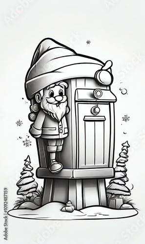 Christmas-themed coloring book page: Santas Mailbox - B&W outline art for kids, full white background, clean line art, sketch style.