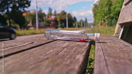 Empty Strong Alcohol Drink Mini NIp Bottle Left on Sidewalk Bench by Addicted Person