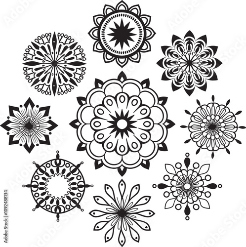 A black and white set mandala silhouette design icon logo vector illustration with white background