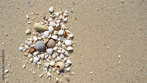 Small shells and other ocean debris scattered among grains of sand on the shore, beach shells, shoreline detritus, photo