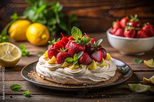 Exquisite Pavlova Dessert with Fresh Strawberries, Lemon Slices, and Mint Leaves Captured in Low Light for a Cozy Culinary Experience