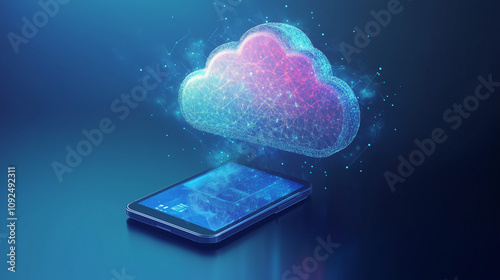 Cloud icon and smartphone showing data synchronization, modern cloud computing technology, seamless data management
