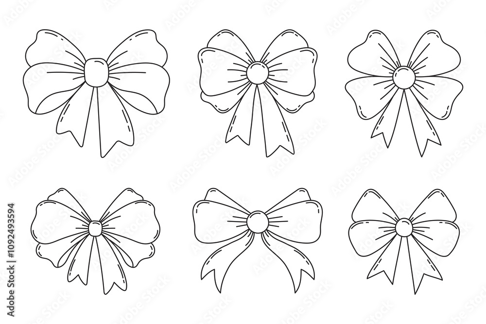Fototapeta premium Hand draw outline bow collection isolated on white background. Line art bow coquette and ribbons set for gift wrapping 