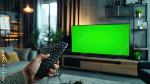 Person watch modern tv with green screen pov. Cozy living room with large television displaying chroma key mock up. Man hand holds remote control. Home entertainment. First point of view. Empty mockup