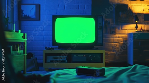 Cozy living room with vintage television set green screen, nostalgic atmosphere. Collection old media scattered on floor. Old retro box tv with mock up, chroma key template. Empty mockup, blank space. photo