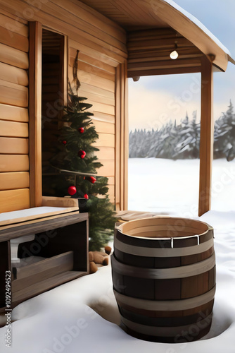 Monika Sikoras Sauna on Polish Beach, Christmas Tree, Snowy Scene photo