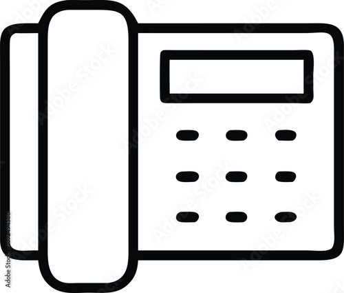 Minimalist Landline Telephone Icon, Black and white outline icon of a landline telephone with a keypad and display, symbolizing traditional communication and office equipment.
