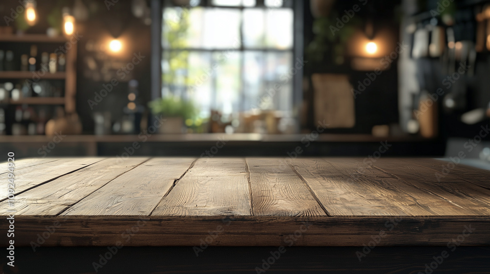 Rustic wooden table in cozy kitchen with natural lighting Rustic wooden table in cozy kitchen with natural lighting