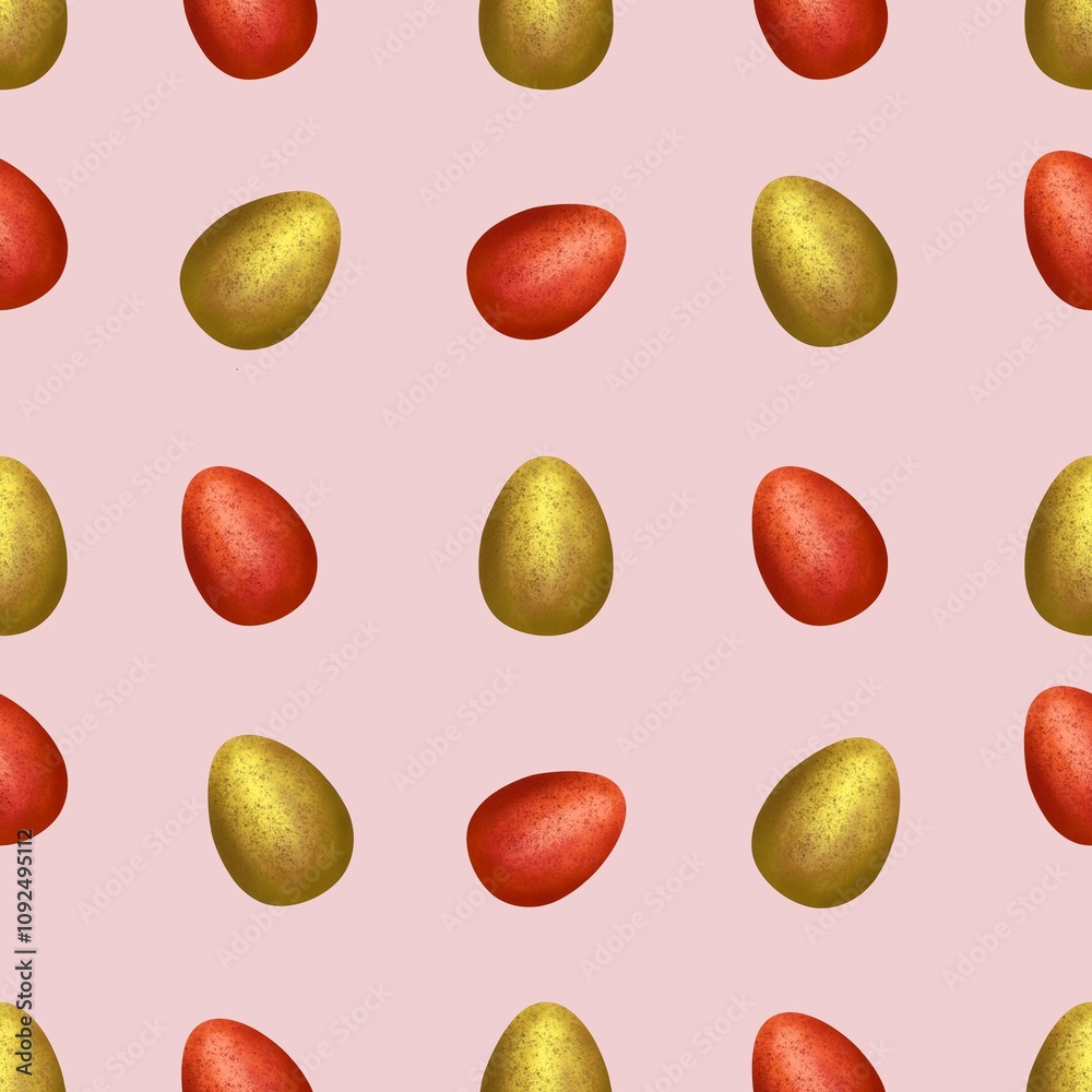 Red and Golden Easter Egg on Pink Background Seamless Pattern Red and Golden Easter Egg on Pink Background Seamless Pattern