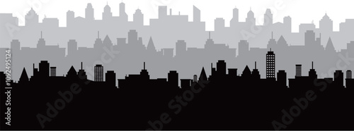 Black cityscape skyline panorama with gray misty city buildings background