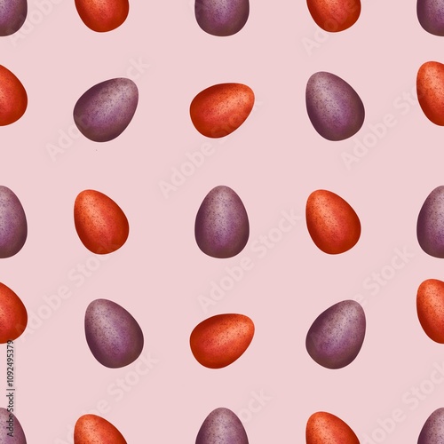 Violet and Red Easter Eggs on Pink Background Seamless Pattern