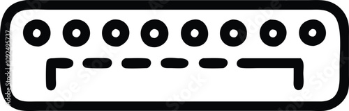 Minimalist Network Switch Icon with Ports, Black and white outline icon of a network switch featuring multiple ports and indicator lights, symbolizing connectivity and data management in networking.
