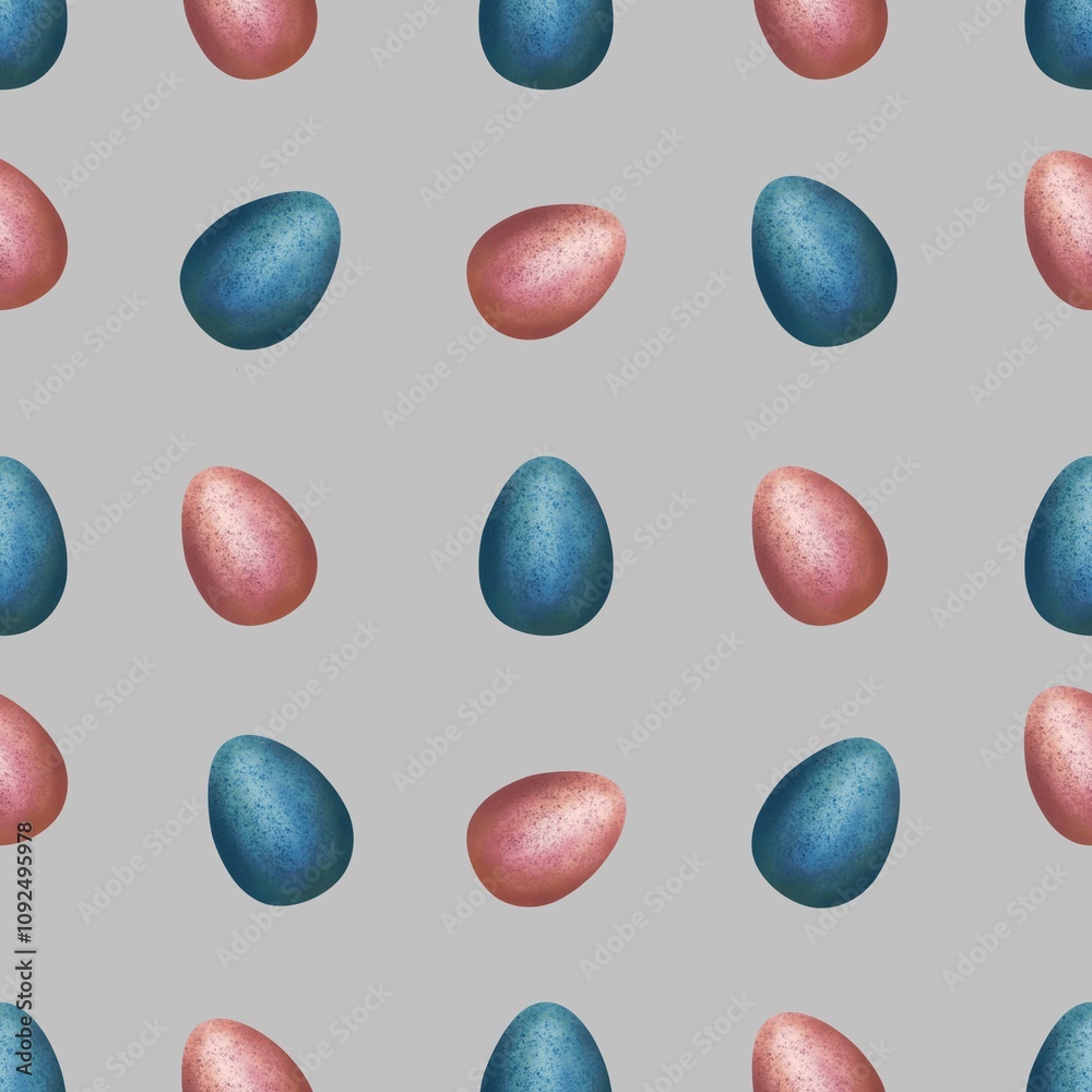 Fototapeta premium Peacock Blue and Pink Easter Egg on Gray Background Seamless Pattern