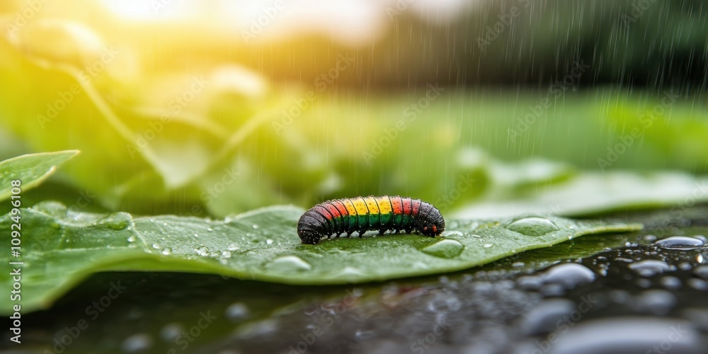 Vibrant Caterpillar on Rain Soaked Leaf, Nature Photography Vibrant Caterpillar on Rain Soaked Leaf, Nature Photography