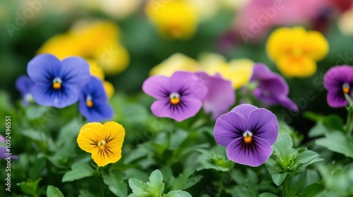 Colorful pansy flowers blooming in the garden.