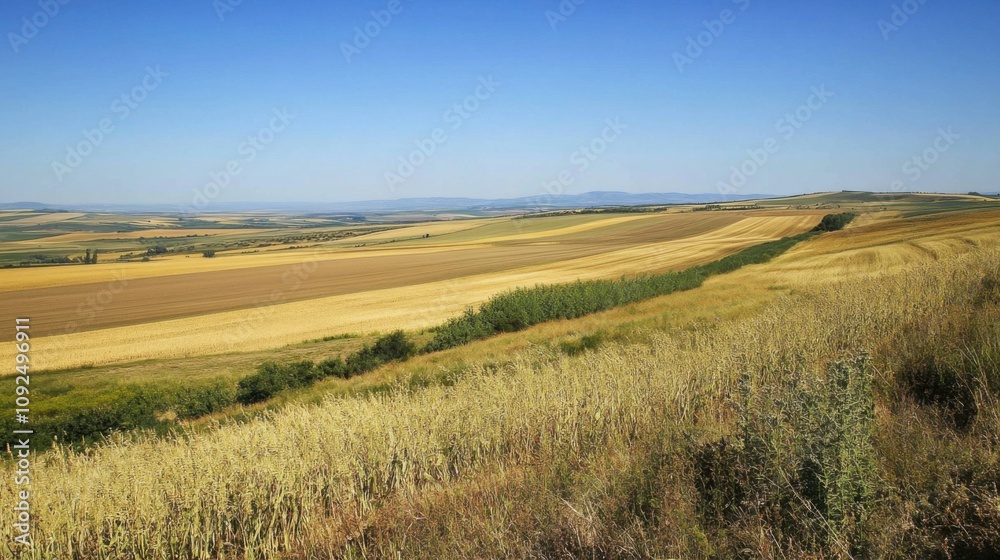 Fototapeta premium Landscape with wheat field and blue sky.