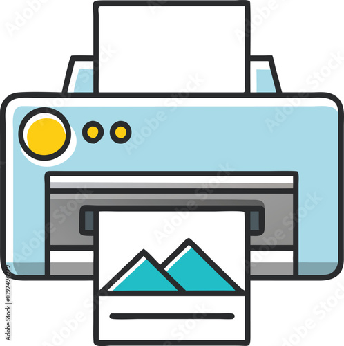 Photo Printer Icon with Image Output, Colorful icon of a photo printer featuring a paper tray and printed image, symbolizing modern printing technology for high-quality photo outputs.
