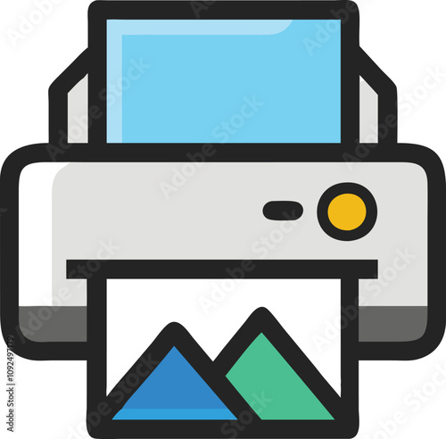 Photo Printer Icon with Image Output, Colorful icon of a photo printer featuring a paper tray and printed image, symbolizing modern printing technology for high-quality photo outputs.
