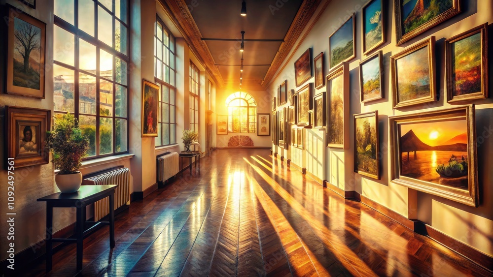 Fototapeta premium Sunlit Hallway with Artwork in Tilt-Shift Photography - Artistic Decor, Warm Light, Interior Design, Narrow Passage, Gallery Vibes, Creative Space, Home Decor Inspiration, Modern Aesthetics