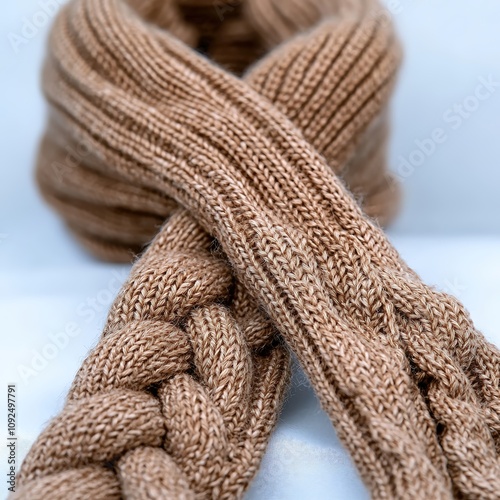 A close-up shot of a chunky knitted winter scarf, revealing its intricate stitching and warm, inviting texture. The high-resolution capture emphasizes the softness and warmth associated with winter