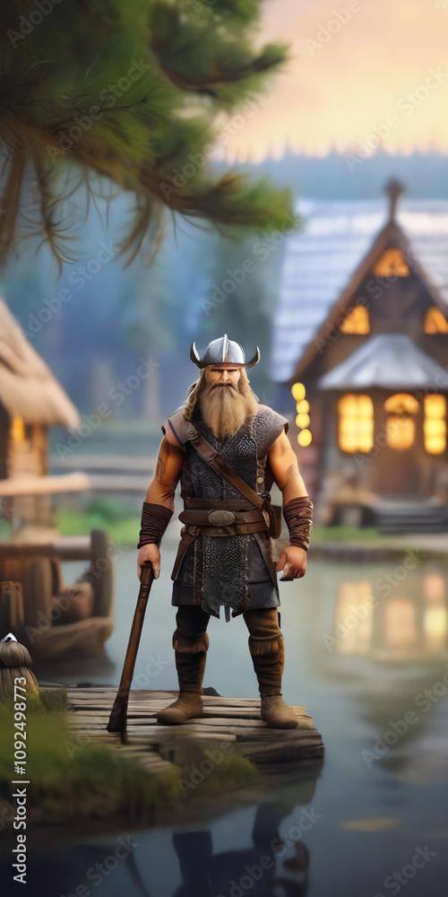 Viking in Ukrainian village, pond, Christmas tree, forest, cartoon style, 8k, blurred background.