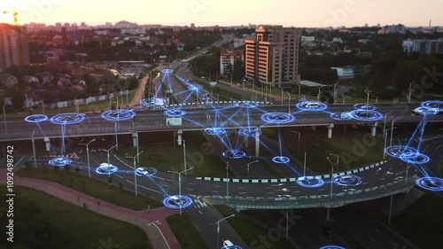 Futuristic intelligent traffic management system. Self-driving autonomous electric vehicles, futuristic transportation technology. Smart roads, Ai Logistic, traffic control, driverless cars, 4k.