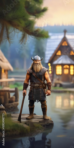 Obraz na płótnie Viking in Ukrainian village, pond, Christmas tree, forest, cartoon style, 8k, blurred background. w salonie