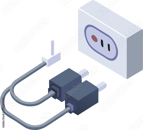 Isometric Power Outlet with Dual Plugs Icon, Isometric illustration of a power outlet with two connected plugs and cables, symbolizing electricity distribution and multiple device charging.
