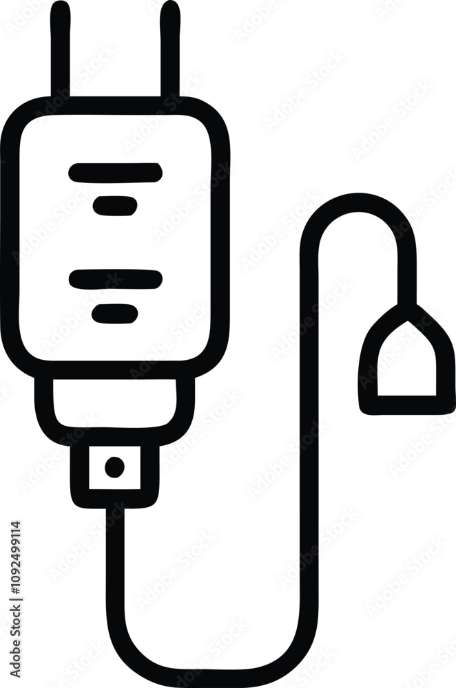 Minimalist Power Adapter with Cable Icon, Black and white outline icon of a power adapter featuring a cable and plug, symbolizing essential charging and energy supply for electronic devices.
Minimalist Power Adapter with Cable Icon, Black and white outline icon of a power adapter featuring a cable and plug, symbolizing essential charging and energy supply for electronic devices.