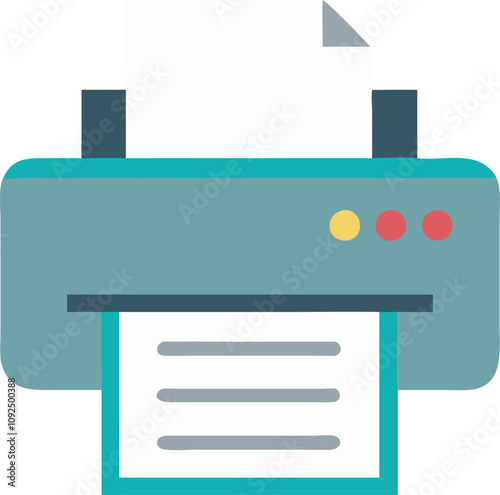 Colorful Printer Icon with Paper Output, Illustration of a colorful printer with paper output, symbolizing modern office equipment for printing documents and images efficiently.

