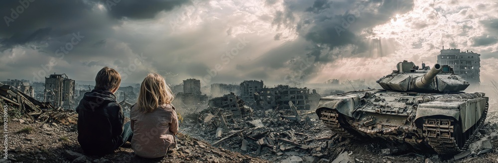 Children sitting on a hilltop, looking at a destroyed tank and a war-torn city with heavily damaged buildings. Dark clouds cover the sky, but sun rays break through them, creating a dramatic war scene Children sitting on a hilltop, looking at a destroyed tank and a war-torn city with heavily damaged buildings. Dark clouds cover the sky, but sun rays break through them, creating a dramatic war scene
