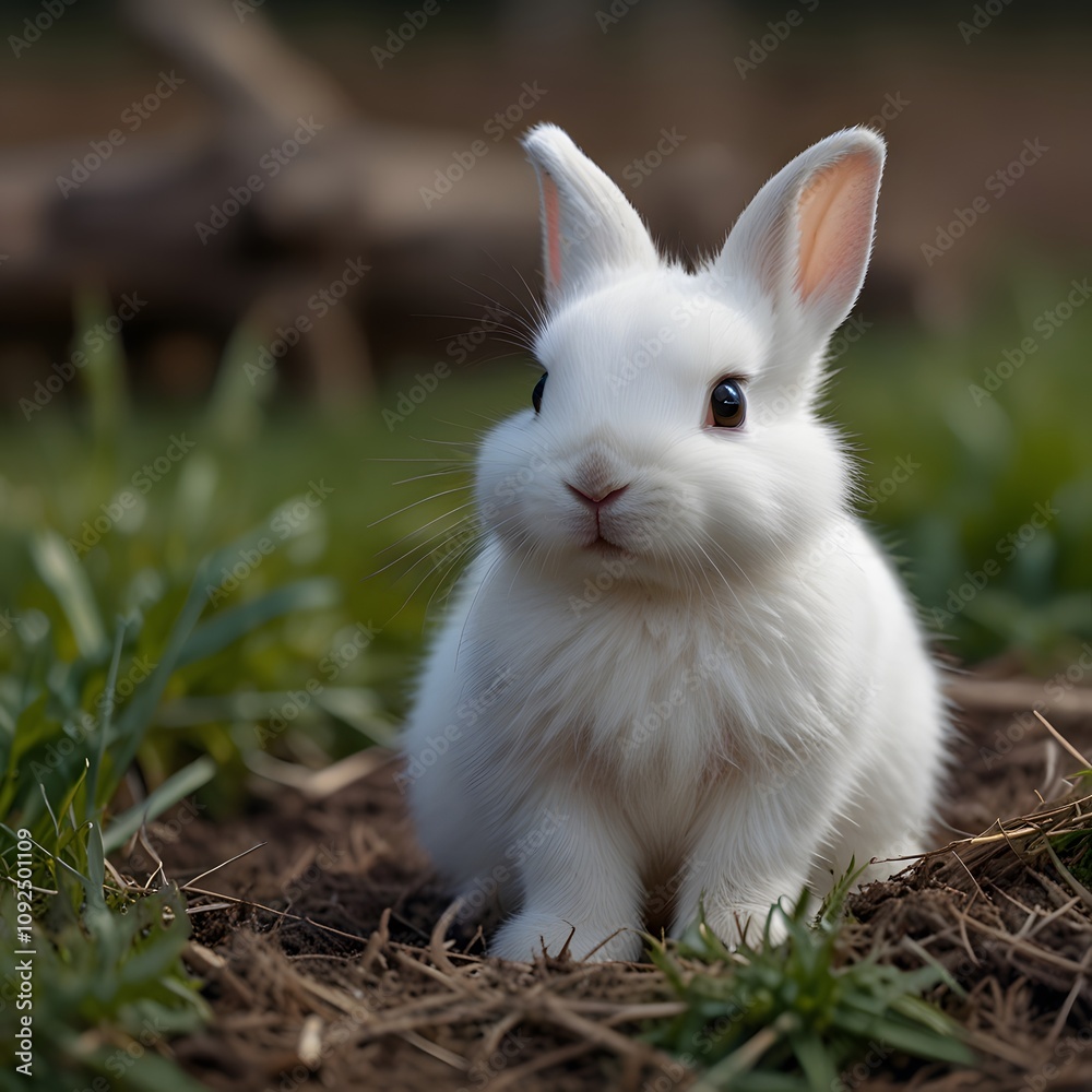 Obraz premium white rabbit on green grass
