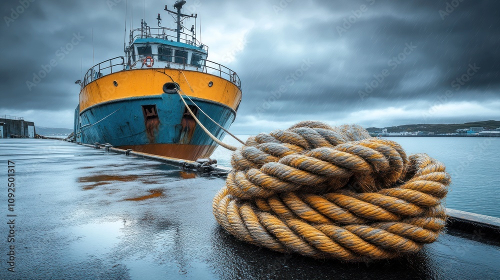 Obraz premium Fishing boat docked with coiled rope in foreground.