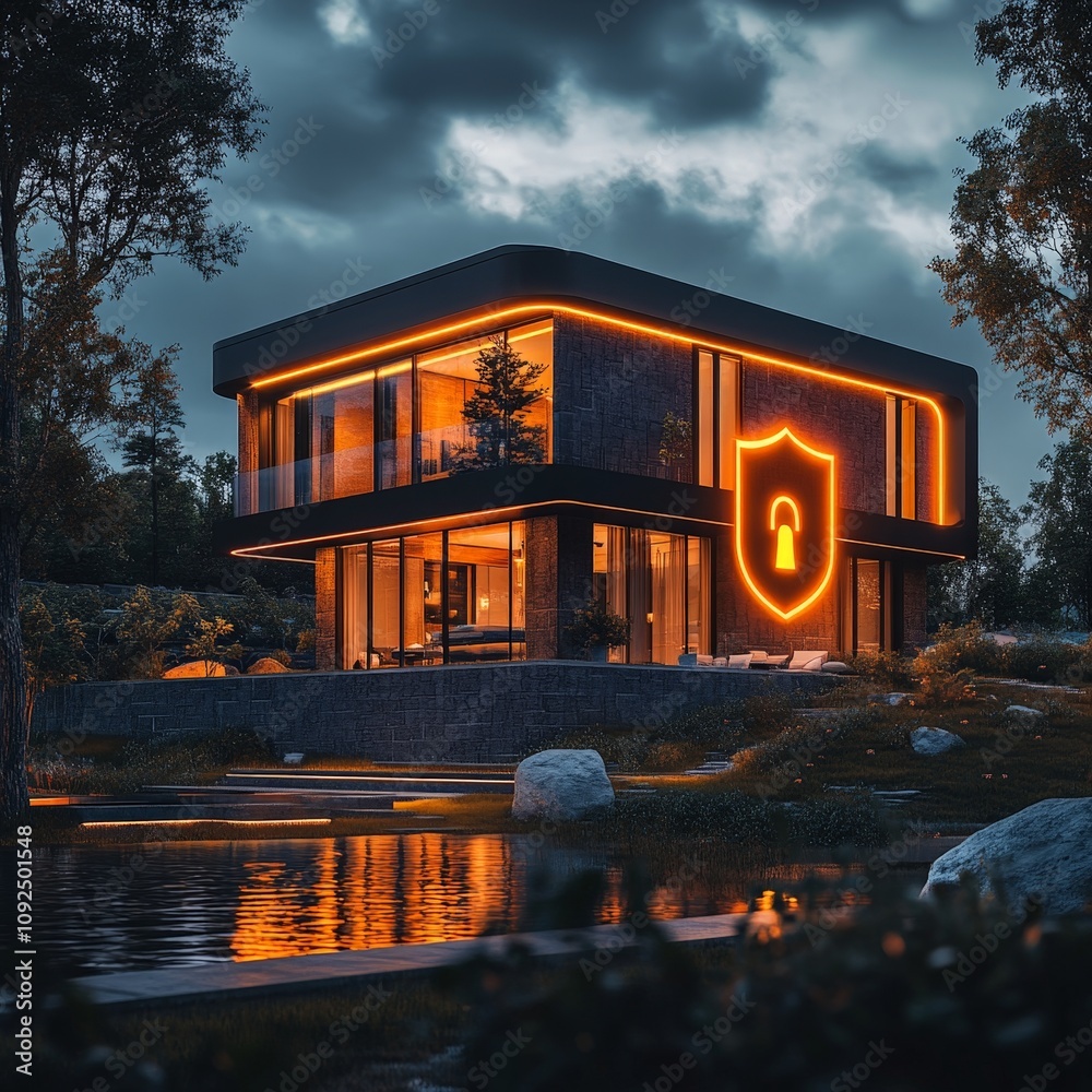 Modern Smart Home with Glowing Security Shield Icon Modern Smart Home with Glowing Security Shield Icon