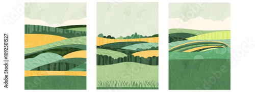A4 brochure cover with abstract geometric design, aerial view farmland, vineyards, rice, rural landscapes. Green countryside, forest, agricultural field create a textured, vibrant flat illustration