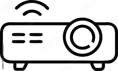 Minimalist Multimedia Projector Icon, Black and white outline icon of a multimedia projector, symbolizing modern presentation technology and video projection systems.
