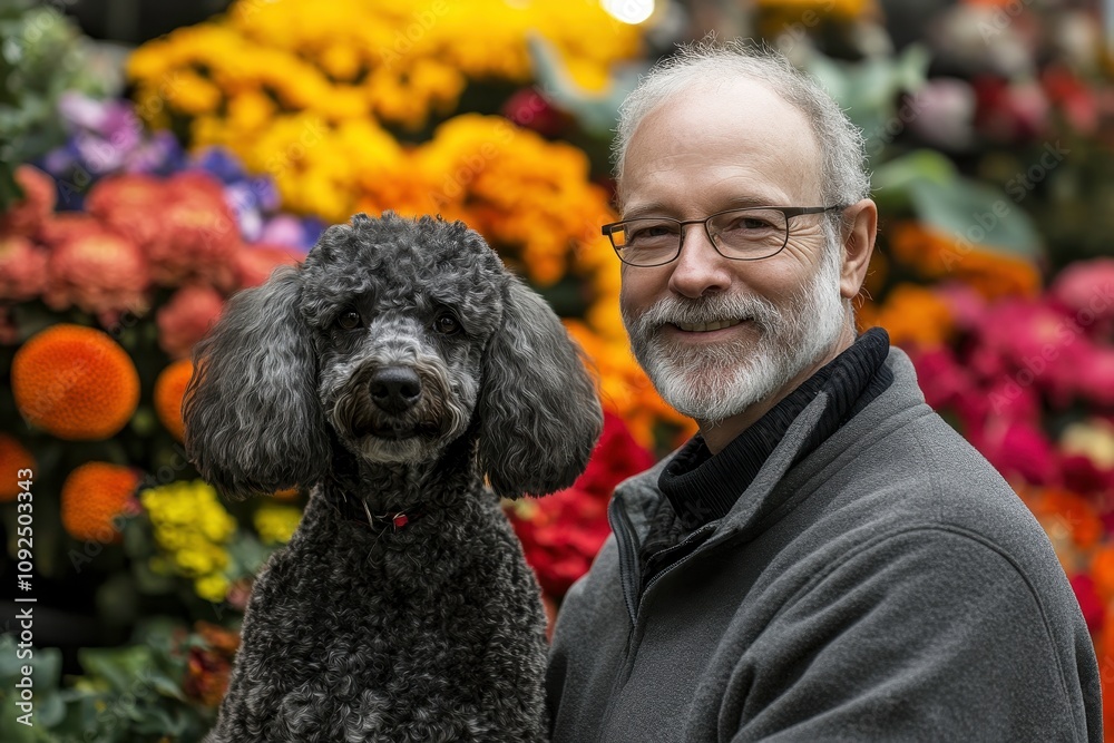 Smiling man with a gray poodle sitting in a vibrant flower market surrounded by colorful floral arrangements and fresh blooms, showcasing joy and companionship. Smiling man with a gray poodle sitting in a vibrant flower market surrounded by colorful floral arrangements and fresh blooms, showcasing joy and companionship.