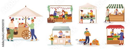 Set of farmers stalls with natural farming production Collection local market stalls and people Friendly vendor characters offering vegetables, bread, fruit and honey Flat vector illustration isolated